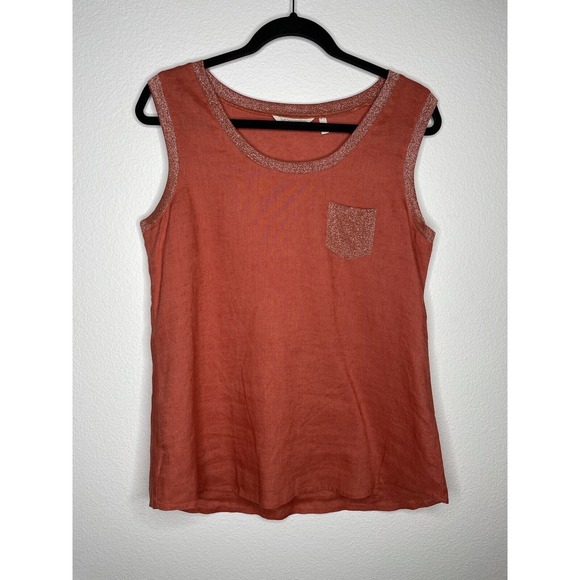 Soft Surroundings Sleeveless Top Blouse Medium Crewneck Orange Pocket 100% Linen - Picture 2 of 6